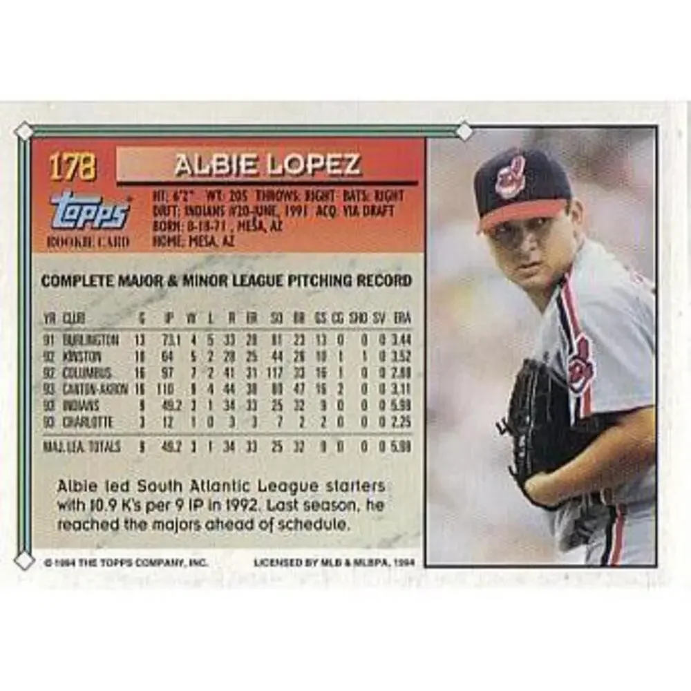 1994 Topps Albie Lopez RC # 178 Cleveland Indians